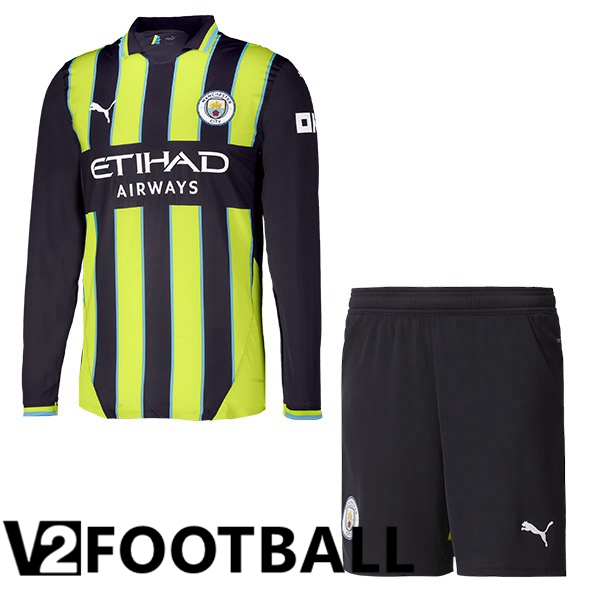 Manchester City Kids Away Soccer Shirt Long sleeve Green Black 2024/2025