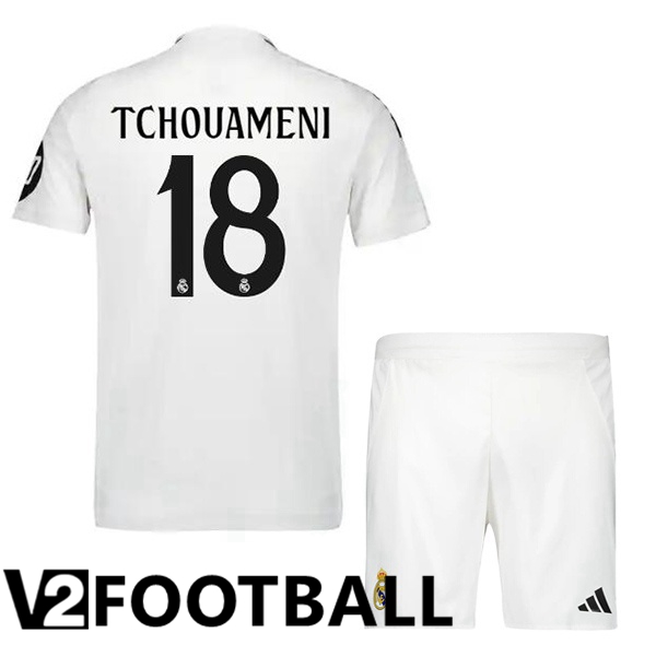 Real Madrid (Tchouameni 18) Kids Home Soccer Shirt White 2024/2025