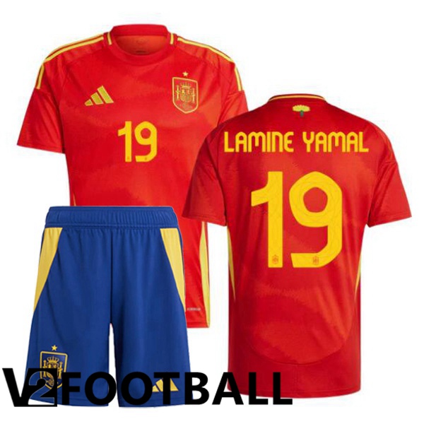 Spain (LAMINE YAMAL 19) Kids Home Soccer Shirt Red UEFA Euro 2024