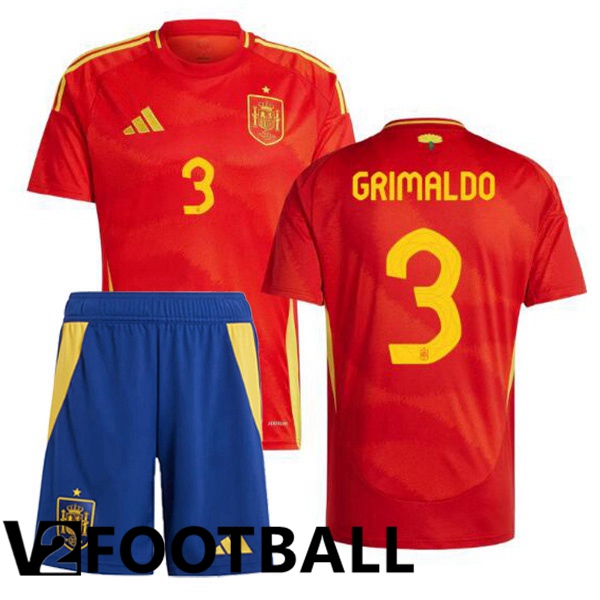 Spain (GRIMALDO 3) Kids Home Soccer Shirt Red UEFA Euro 2024