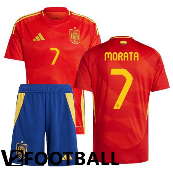 Spain (MORATA 7) Kids Home Soccer Shirt Red UEFA Euro 2024