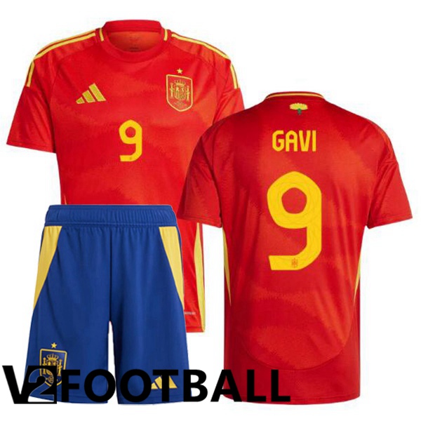 Spain (GAVI 9) Kids Home Soccer Shirt Red UEFA Euro 2024