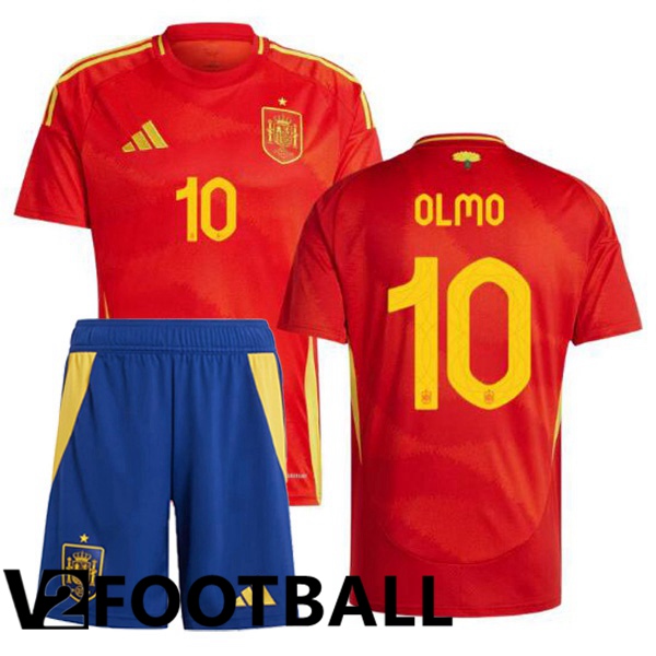 Spain (OLMO 10) Kids Home Soccer Shirt Red UEFA Euro 2024