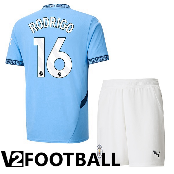 Manchester City (Rodrigo 16) Kids Home Soccer Shirt Blue 2024/2025