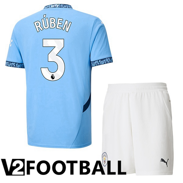 Manchester City (Ruben Dias 3) Kids Home Soccer Shirt Blue 2024/2025