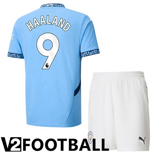 Manchester City (Erling Haaland 9) Kids Home Soccer Shirt Blue 2024/2025