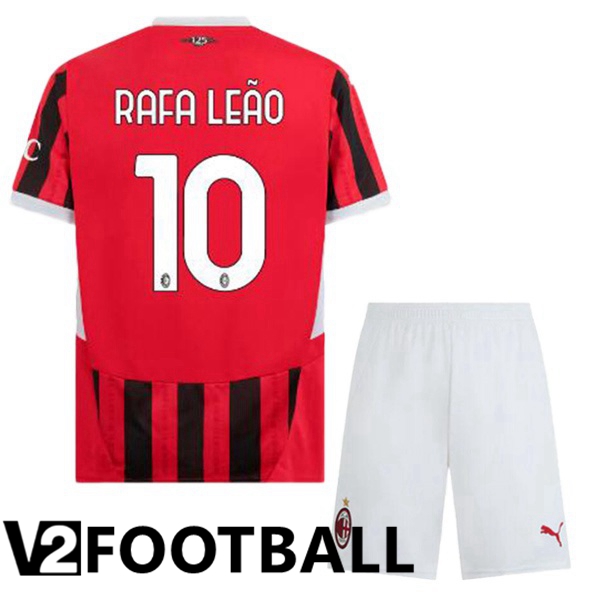 AC Milan (Rafa Leão 10) Kids Home Soccer Shirt Red Black 2024/2025