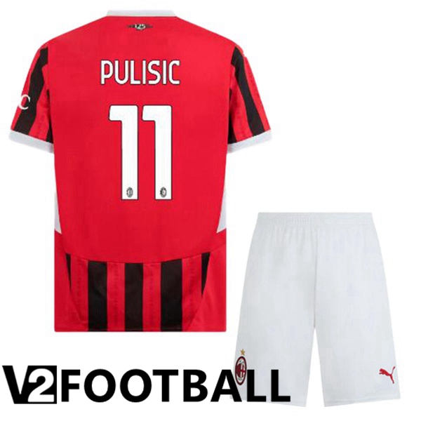 AC Milan (Pulisic 11) Kids Home Soccer Shirt Red Black 2024/2025