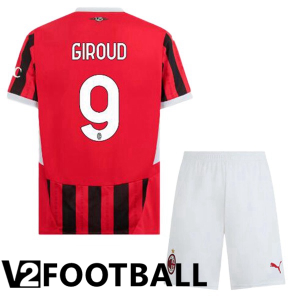 AC Milan (Giroud 9) Kids Home Soccer Shirt Red Black 2024/2025