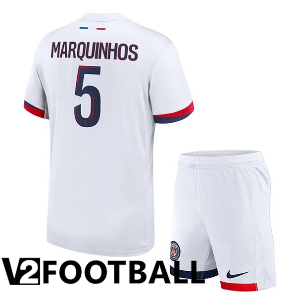 Paris PSG (Marquinhos 5) Kids Away Soccer Shirt White 2024/2025