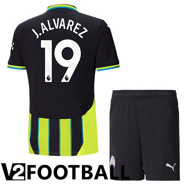 Manchester City (Julián Álvarez 19) Kids Away Soccer Shirt Green Black 2024/2025