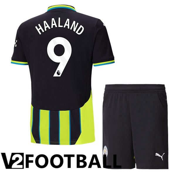 Manchester City (Erling Haaland 9) Kids Away Soccer Shirt Green Black 2024/2025