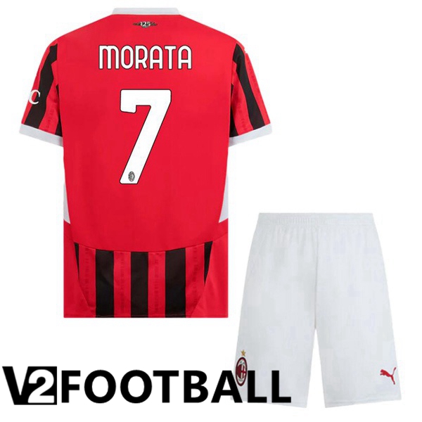 AC Milan (Morata 7) Kids Home Soccer Shirt Red Black 2024/2025