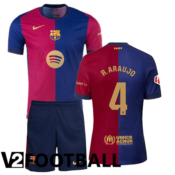 FC Barcelona (R. ARAUJO 4) Kids Home Soccer Shirt Blue Red 2024/2025