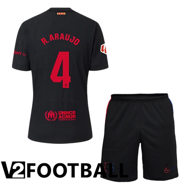 FC Barcelona (R. ARAUJO 4) Kids Away Soccer Shirt Black 2024/2025